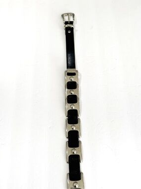 Vintage Mens Belt  Black Leather / Silver Link Metal 42”